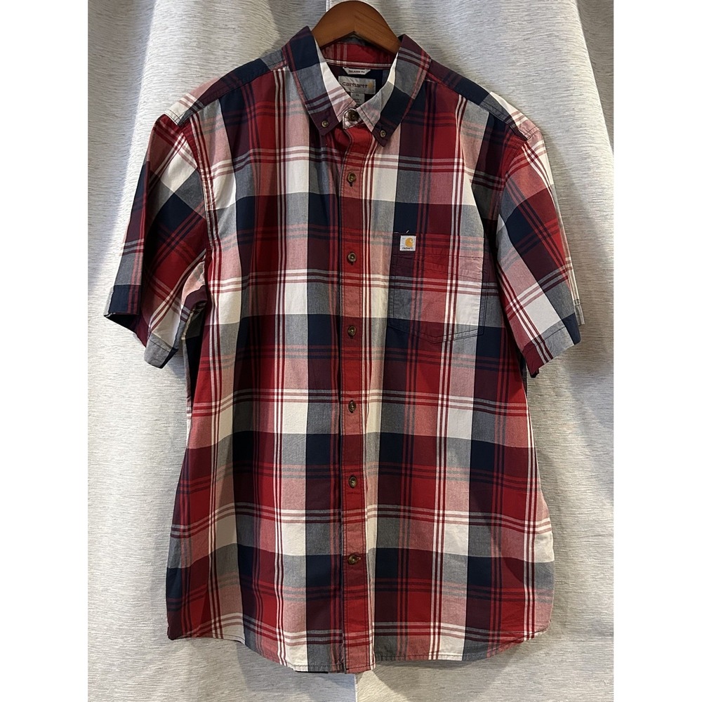 Carhartt Shirt Mens XL Red White Blue Plaid Spread Patch Pocket Relaxed Fit